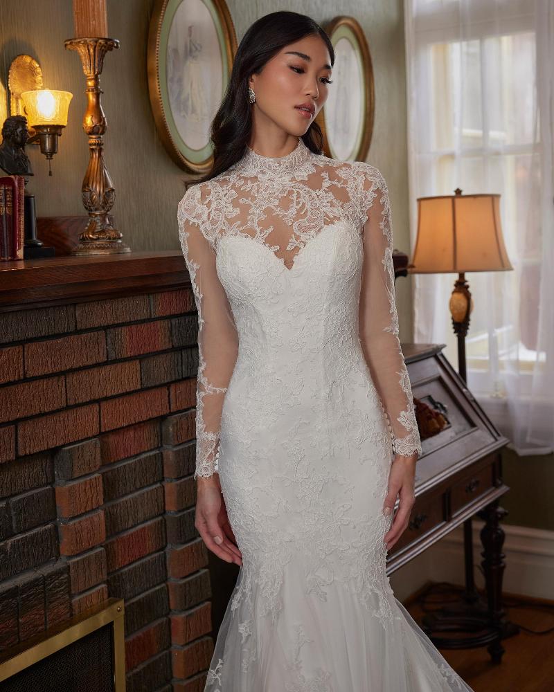La23233 lace long sleeve high neck wedding dress with open back3